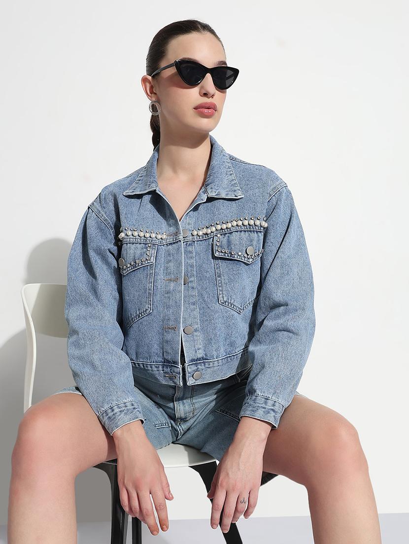 women embellished long sleeve crop denim jacket - 21979846 - Zoom Image - 0