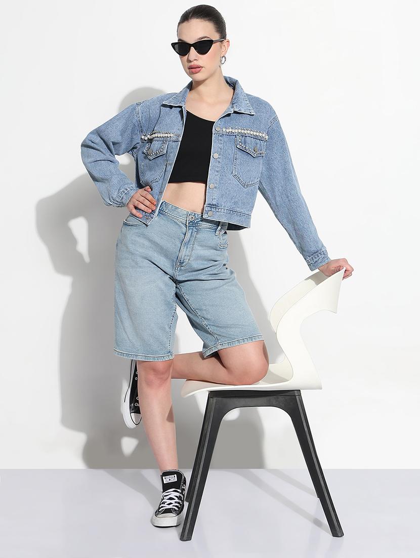 women embellished long sleeve crop denim jacket - 21979846 - Standard Image - 4