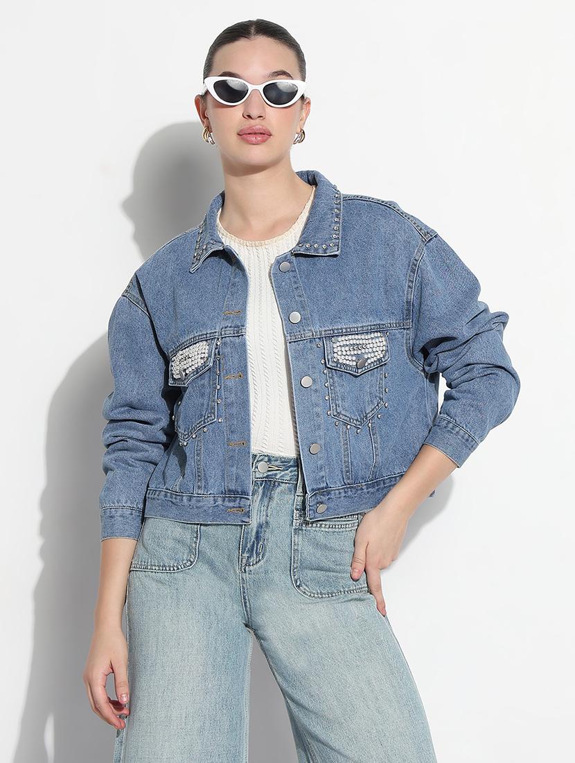 women embellished long sleeve crop denim jacket - 21979847 -  Standard Image - 1