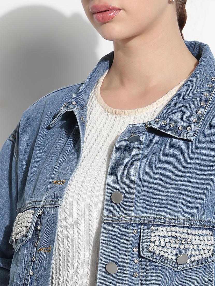 women embellished long sleeve crop denim jacket - 21979847 - Standard Image - 4