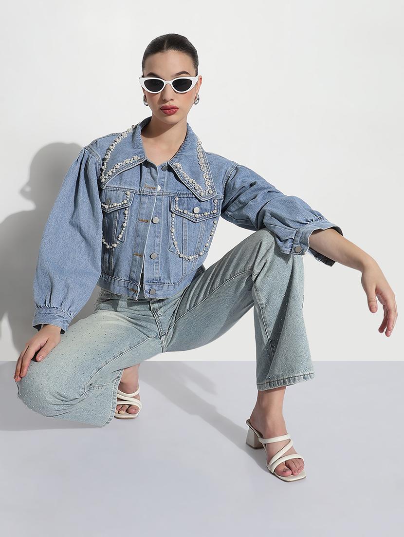women embellished long sleeve crop denim jacket - 21979848 -  Standard Image - 1