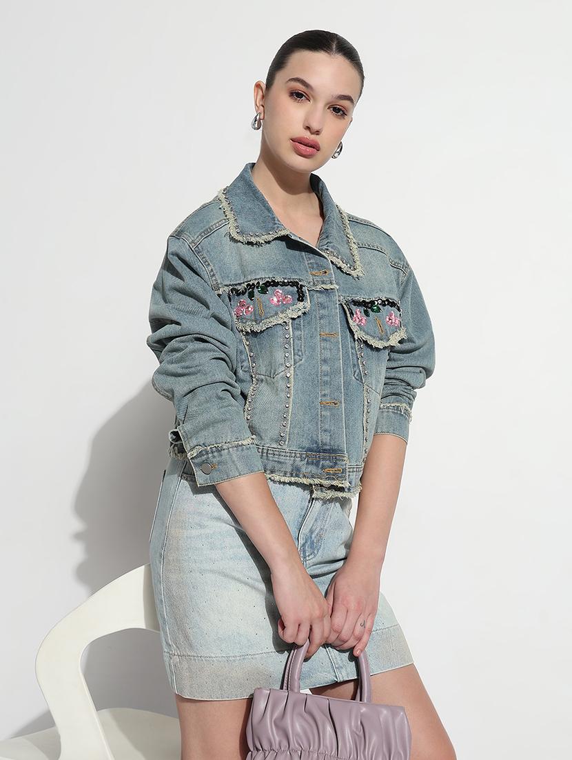 women embellished long sleeve crop denim jacket - 21979849 -  Zoom Image - 0