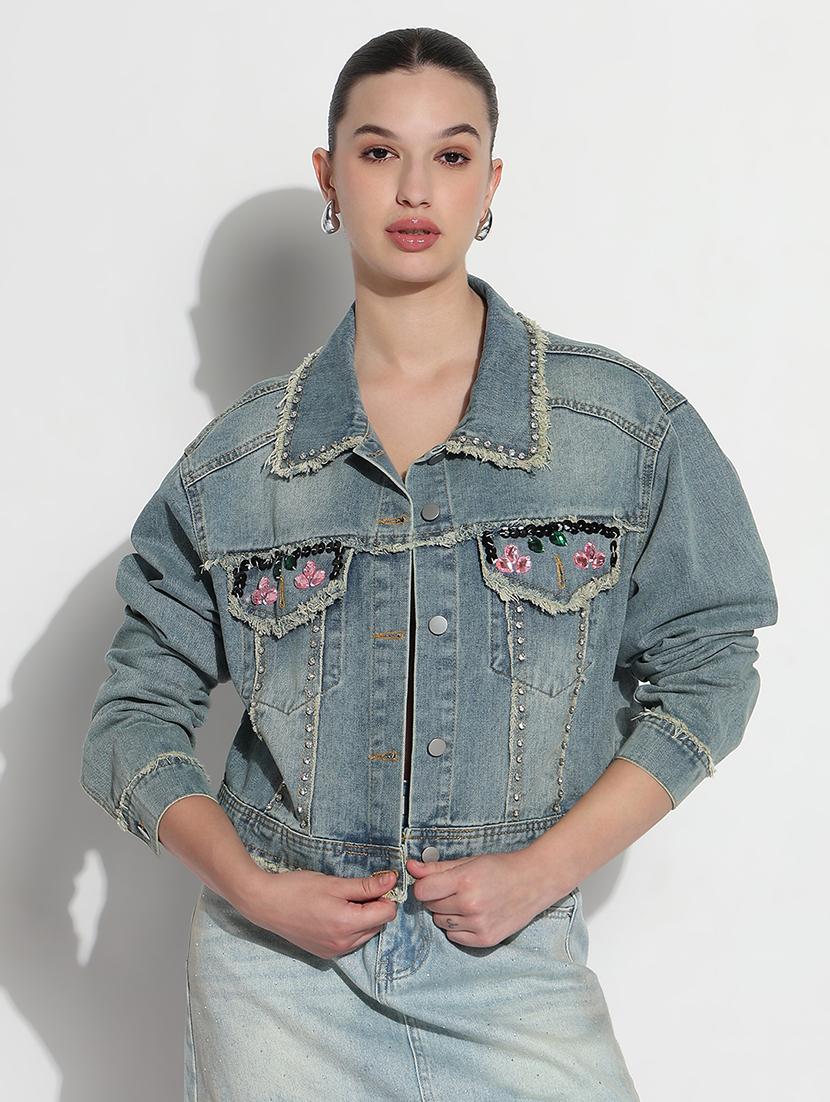 women embellished long sleeve crop denim jacket - 21979849 - Standard Image - 1