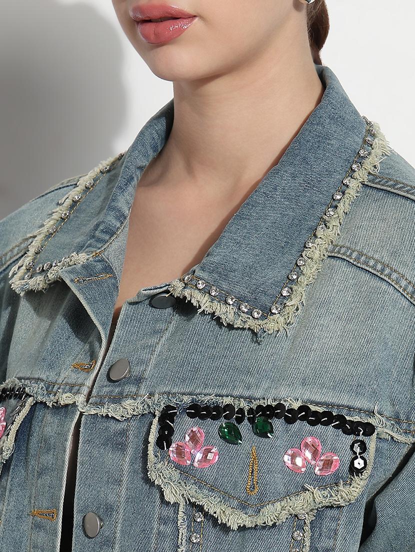 women embellished long sleeve crop denim jacket - 21979849 - Standard Image - 4