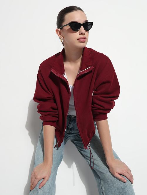 women maroon tapered long sleeve crop jacket - 21979850 - Standard Image - 0
