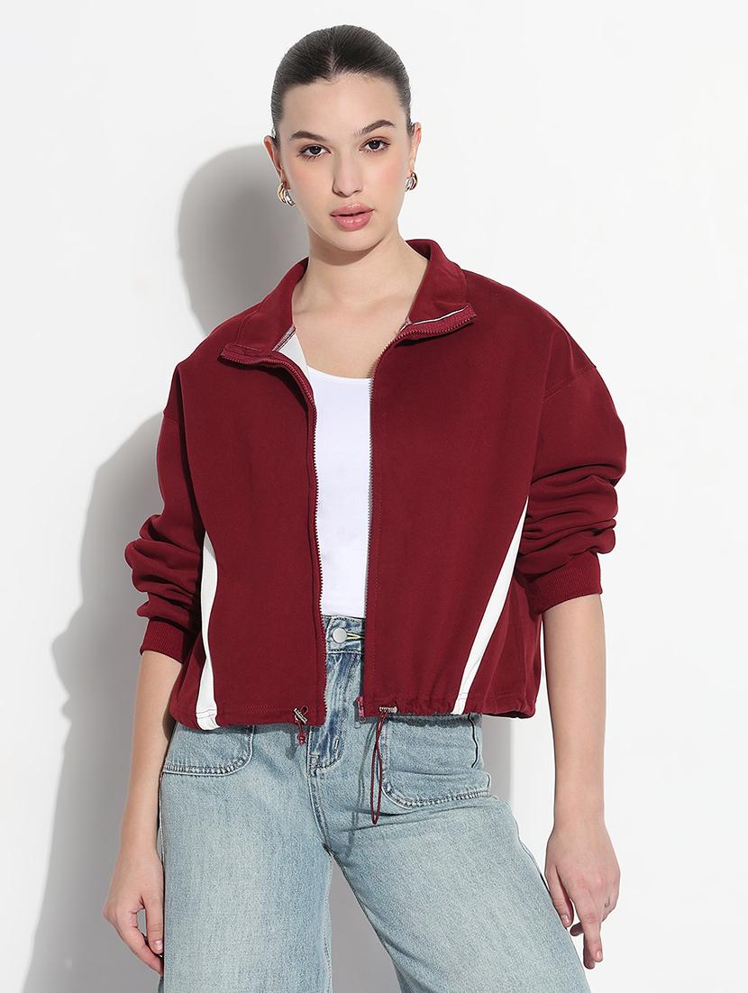 women maroon tapered long sleeve crop jacket - 21979850 - Standard Image - 1