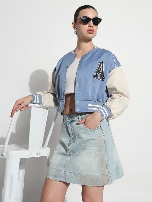 women color blocked long sleeve crop varsity jacket - 21979852 -  Standard Image - 0