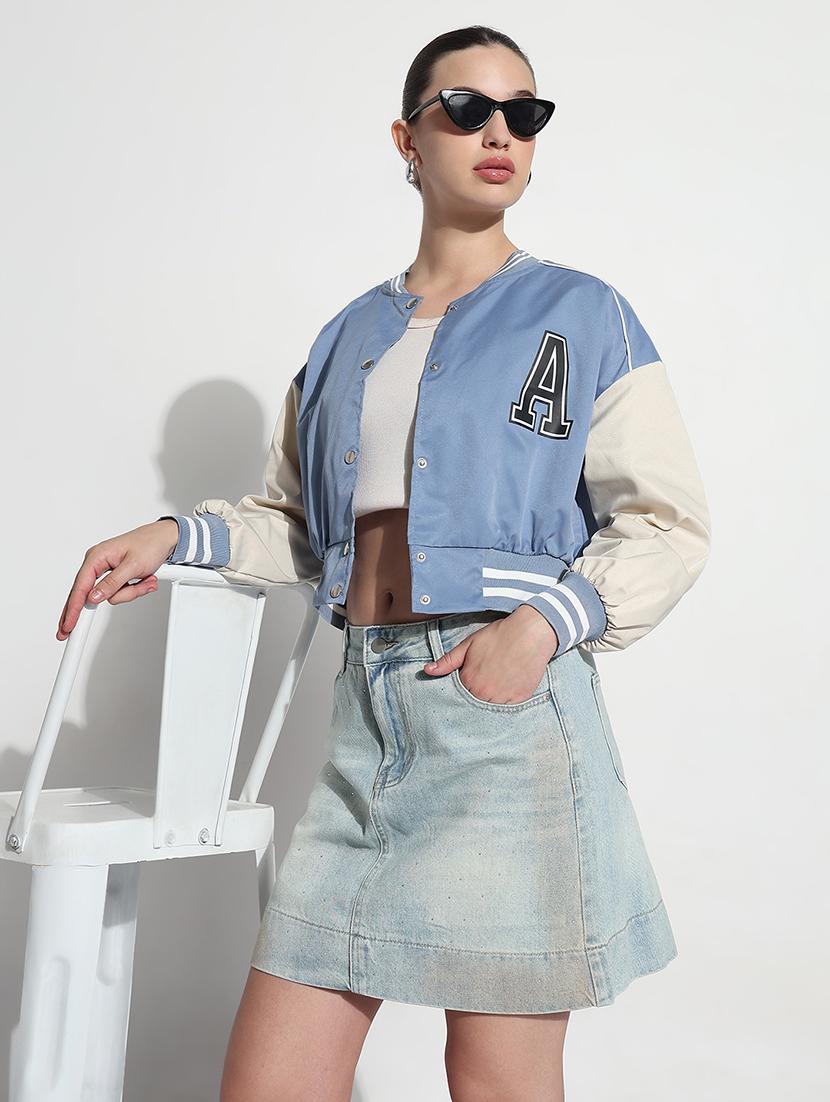 women color blocked long sleeve crop varsity jacket - 21979852 -  Zoom Image - 0