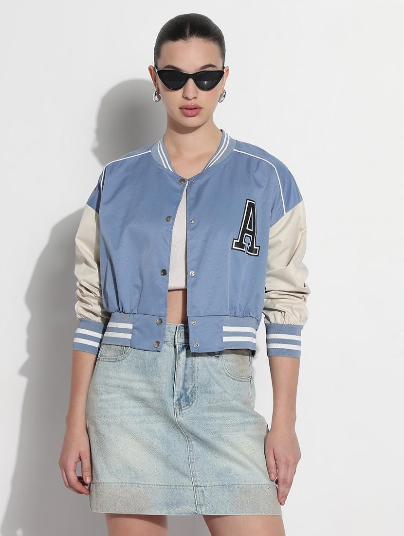women color blocked long sleeve crop varsity jacket - 21979852 -  Standard Image - 1
