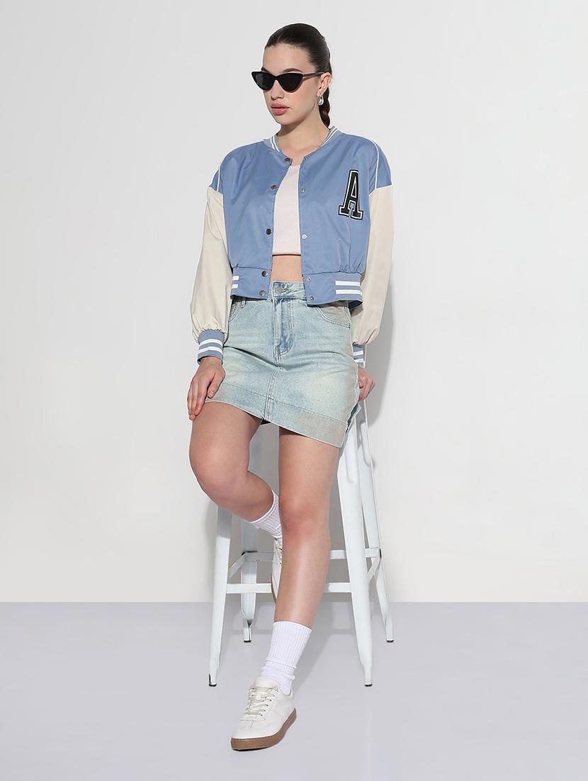 women color blocked long sleeve crop varsity jacket - 21979852 - Standard Image - 4