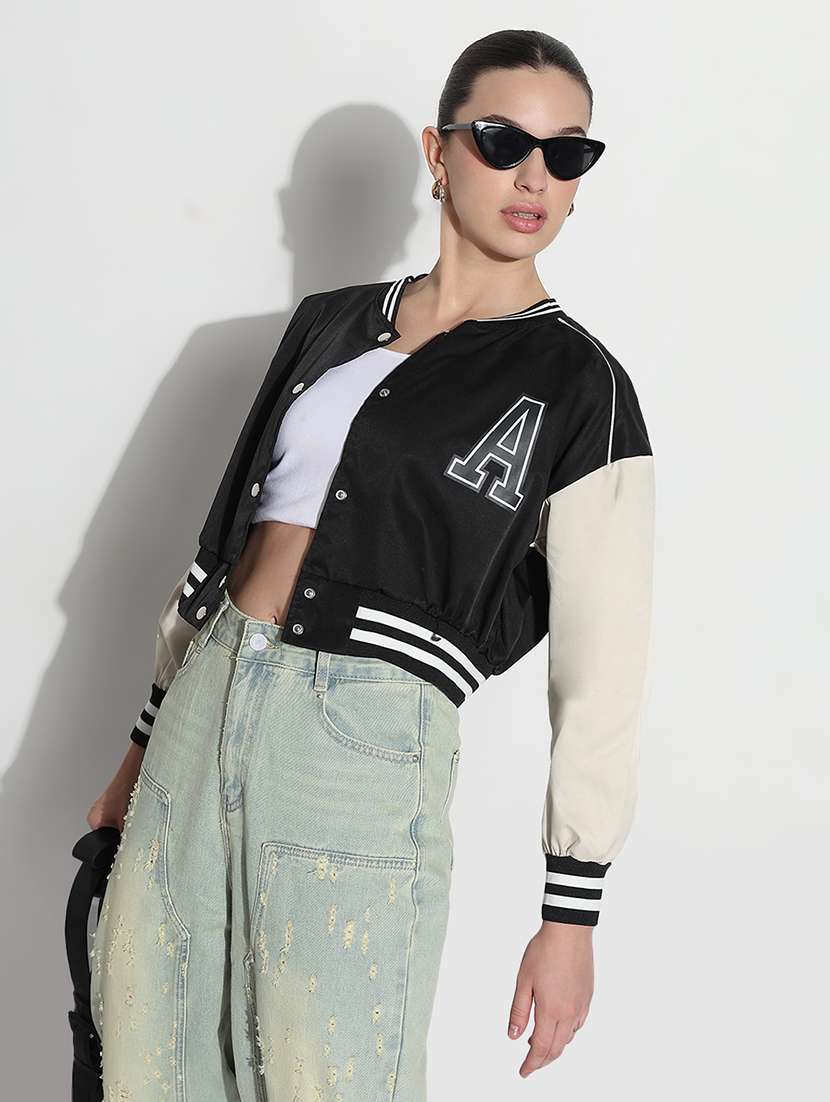 women color blocked long sleeve crop varsity jacket