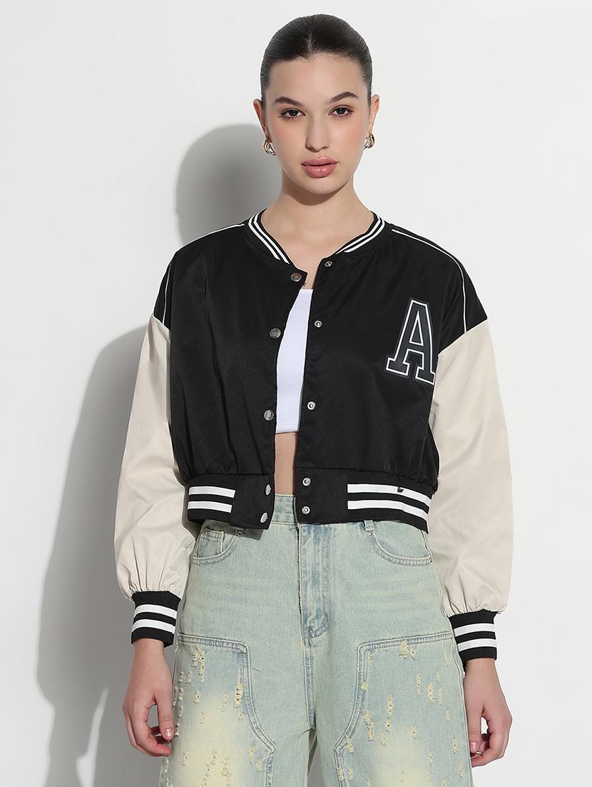 women color blocked long sleeve crop varsity jacket - 21979854 - Standard Image - 1