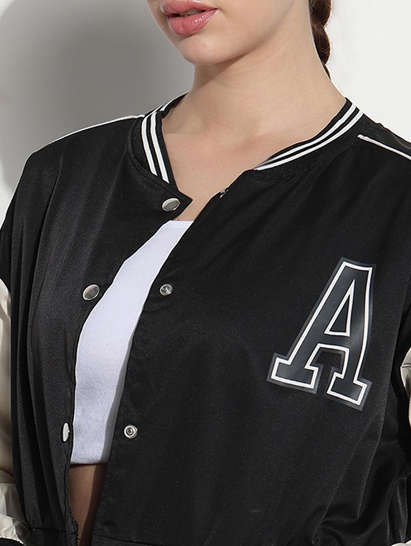 women color blocked long sleeve crop varsity jacket - 21979854 - Standard Image - 4