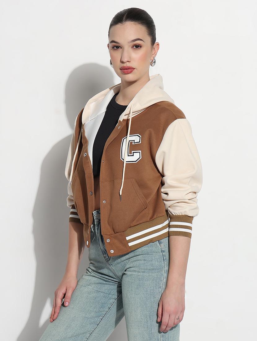 women color blocked hooded crop varsity jacket - 21979855 - Standard Image - 1