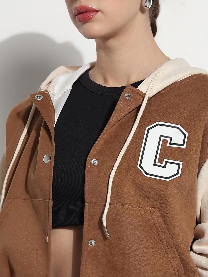 women color blocked hooded crop varsity jacket - 21979855 - Standard Image - 4