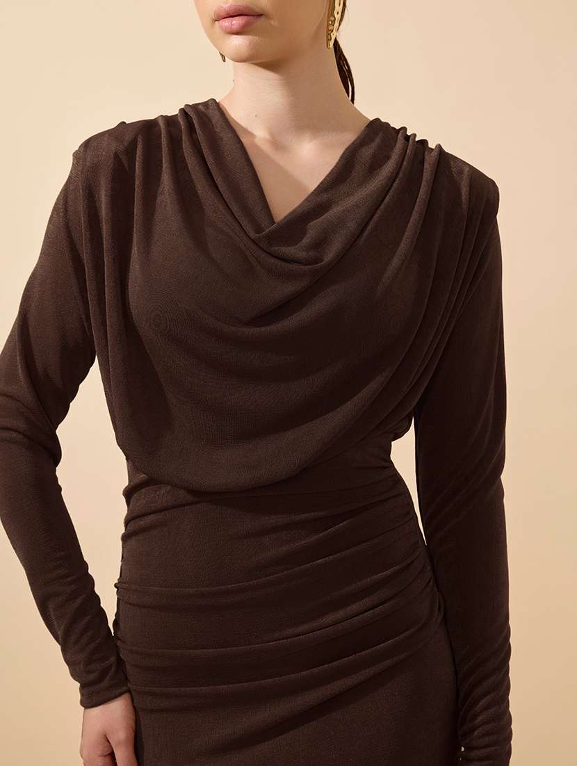 women solid cowl neck long sleeve bodycon dress - 21979861 - Standard Image - 4
