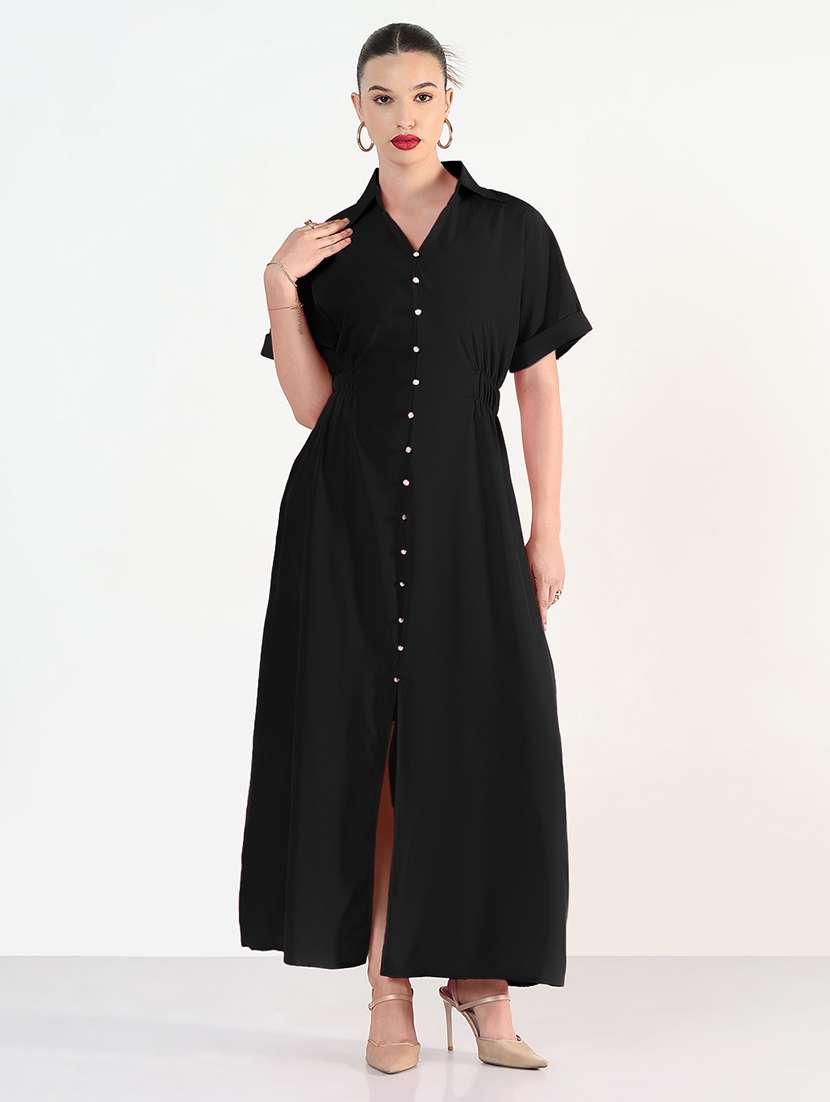 women black solid collared maxi shirt dress