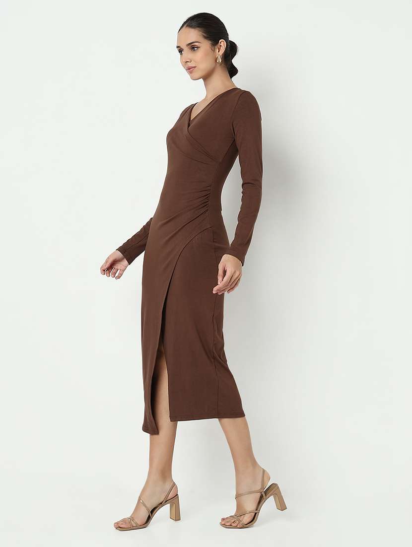 women brown solid long sleeve bodycon dress - 21979892 - Standard Image - 1