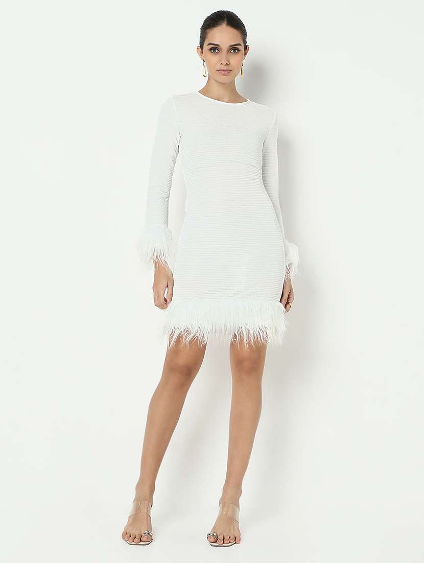 women solid long sleeve fur detailed bodycon dress