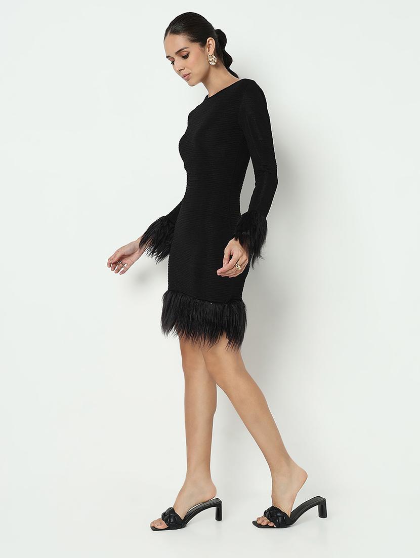 women solid long sleeve fur detailed bodycon dress - 21979896 -  Standard Image - 1
