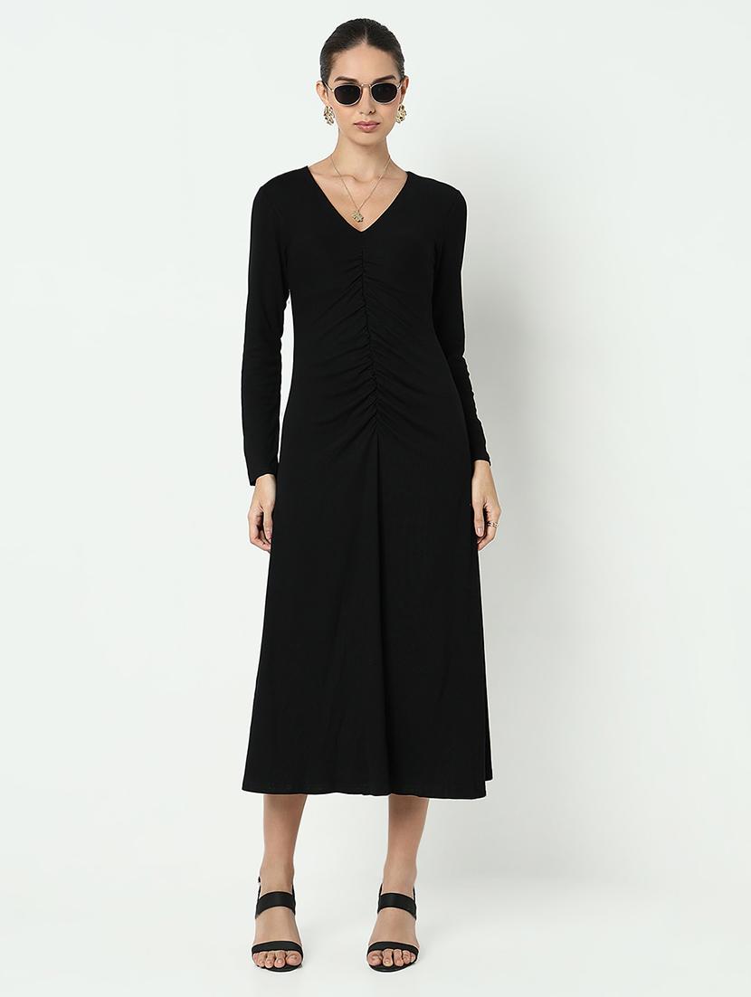 women black solid long sleeve a-line dress - 21979897 - Standard Image - 1