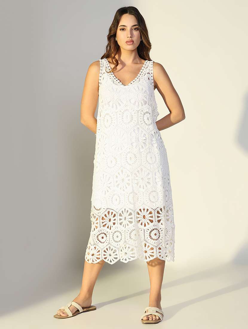 women self designed sleeveless crochet a-line dress