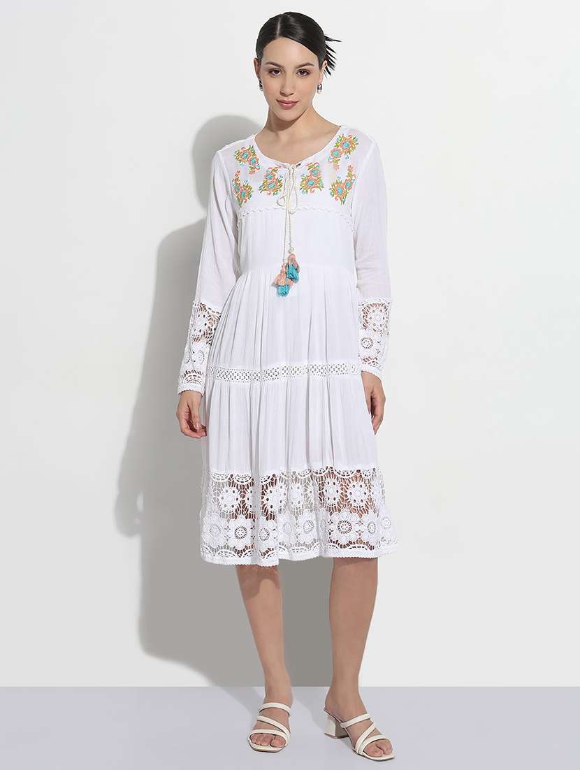 women white embroidered tie-up neck tiered dress - 21979902 -  Standard Image - 1