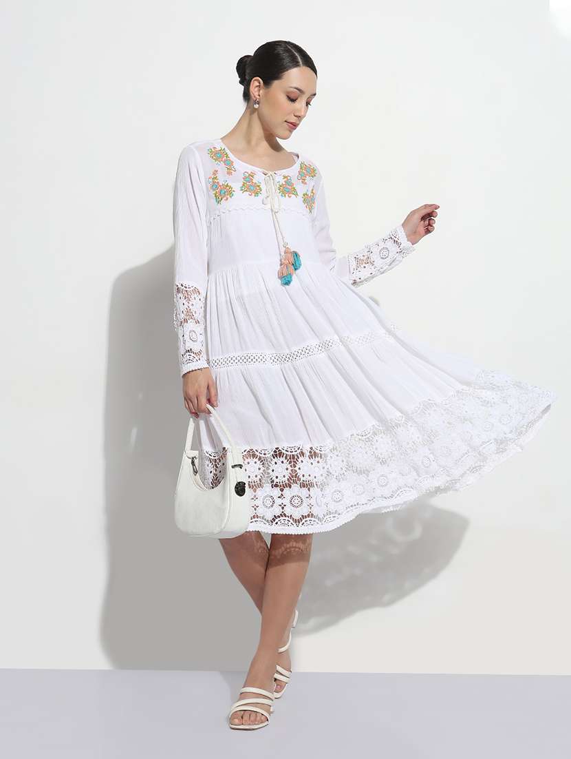 women white embroidered tie-up neck tiered dress - 21979902 -  Standard Image - 4