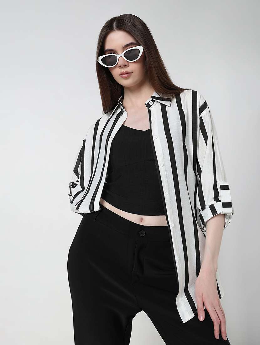 women striped long sleeve collared relaxed fit shirt