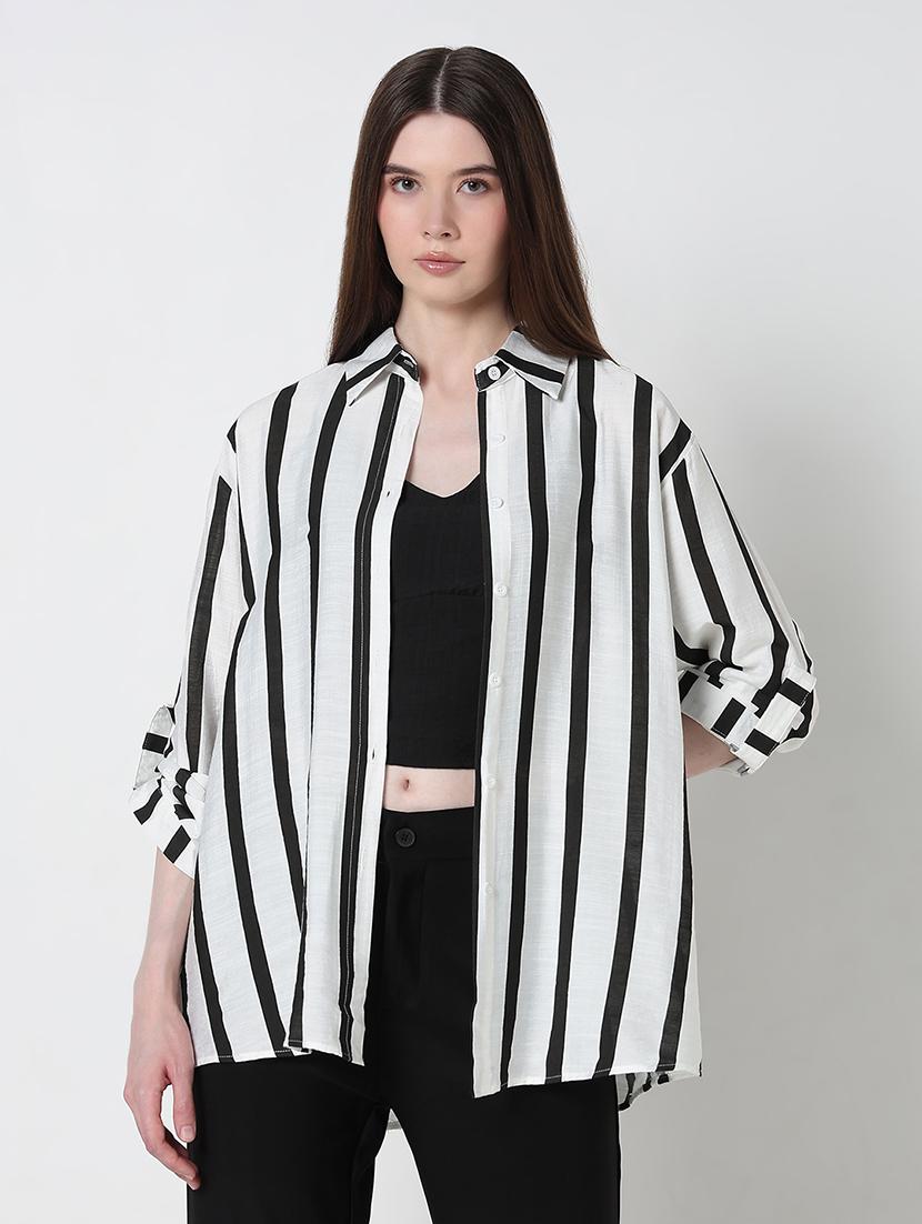 women striped long sleeve collared relaxed fit shirt - 21979906 - Standard Image - 1