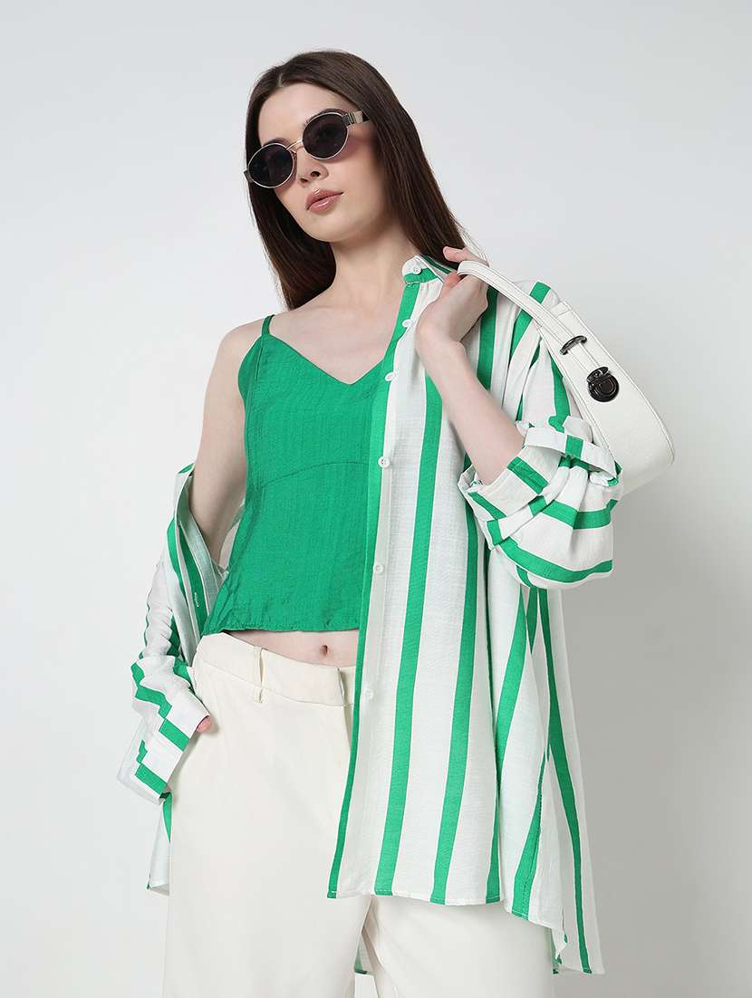 women striped long sleeve collared relaxed fit shirt