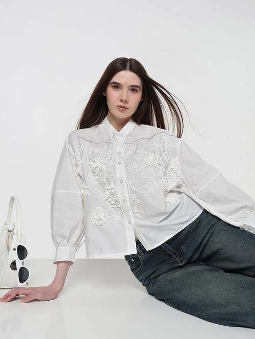 women embroidered puff sleeve relaxed fit shirt - 21979912 - Standard Image - 0