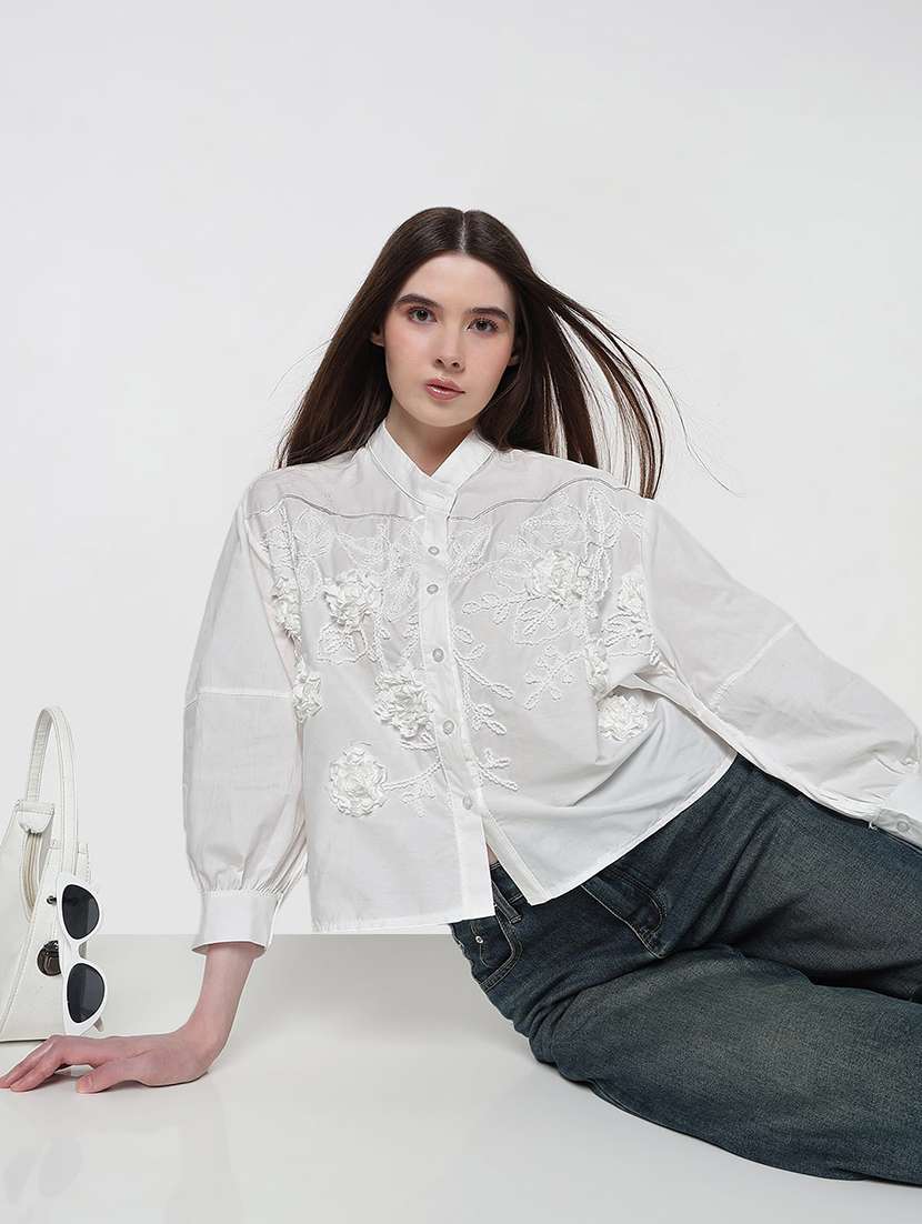 women embroidered puff sleeve relaxed fit shirt - 21979912 - Zoom Image - 0