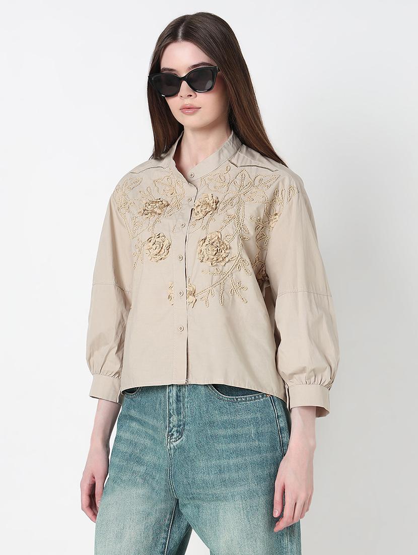 women embroidered puff sleeve regular fit shirt - 21979913 - Standard Image - 1