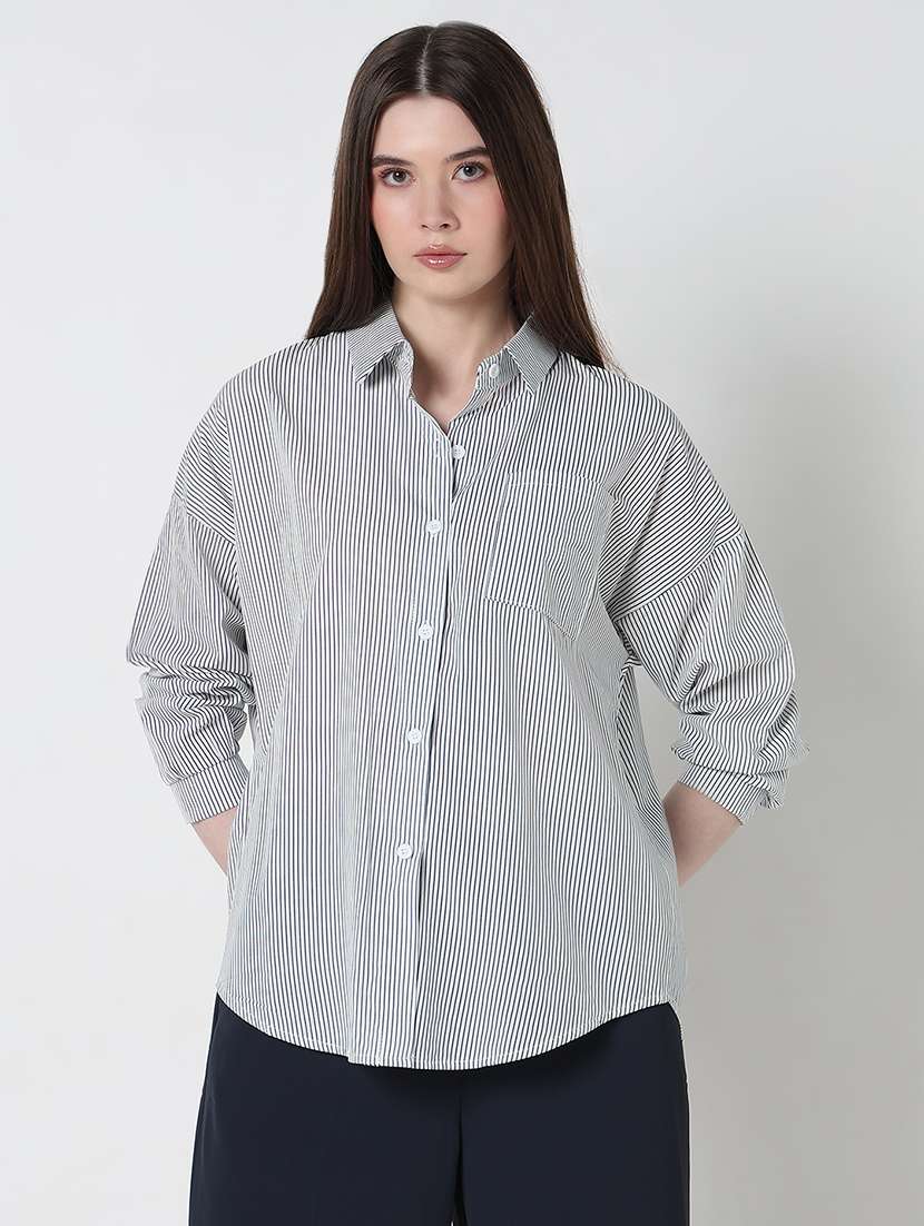 women striped long sleeve collared relaxed fit shirt - 21979917 -  Standard Image - 1