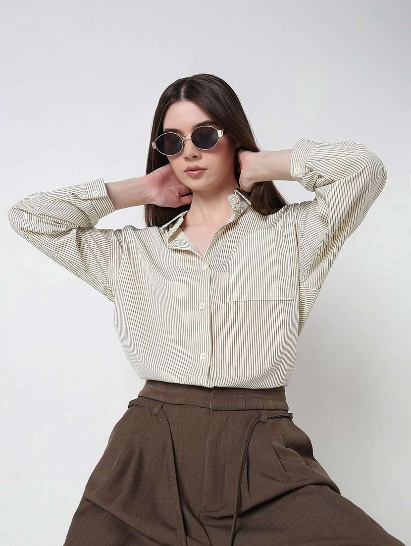 women striped long sleeve collared relaxed fit shirt - 21979918 -  Standard Image - 4