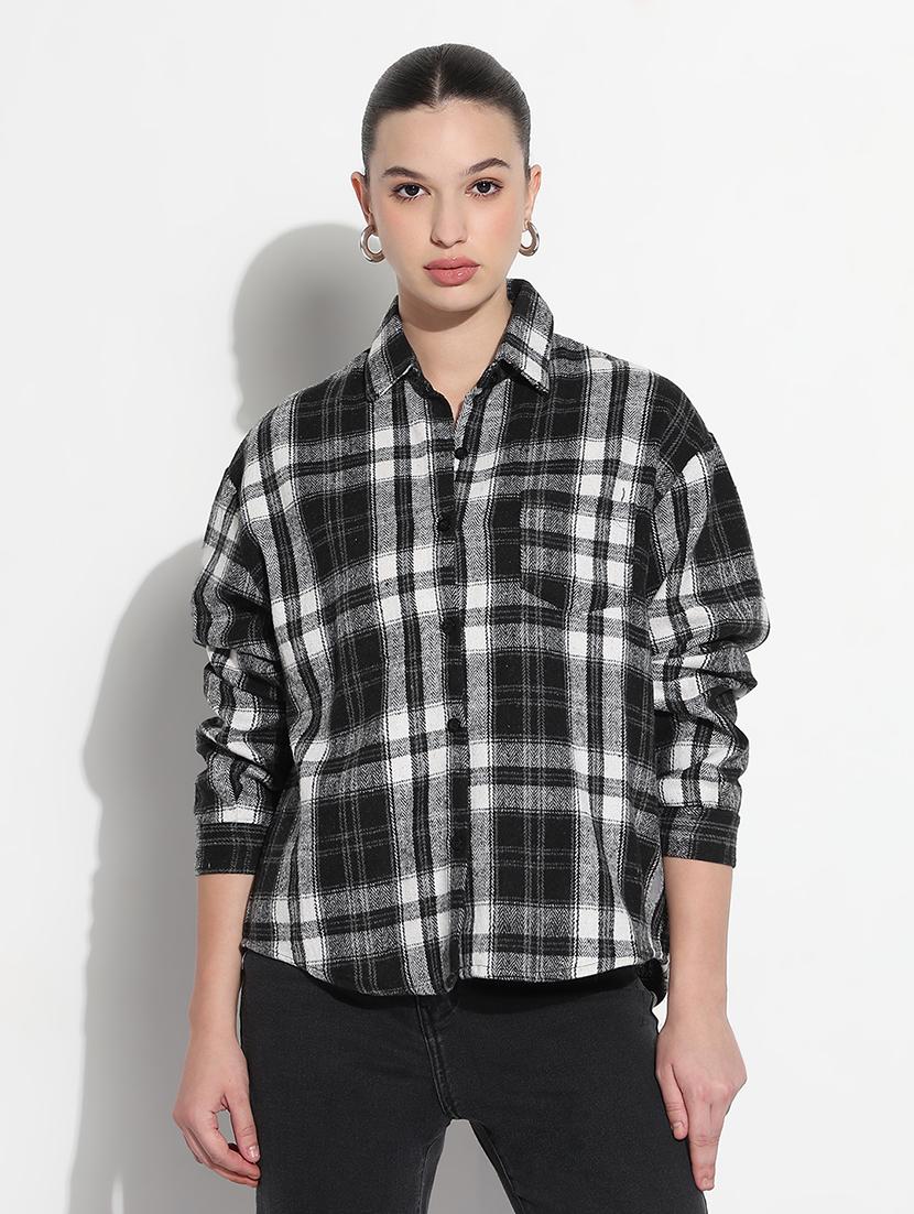 women checkered long sleeve collared shirt - 21979931 - Standard Image - 1