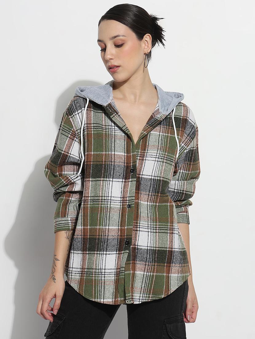women checkered long sleeve hooded shirt - 21979932 - Standard Image - 1