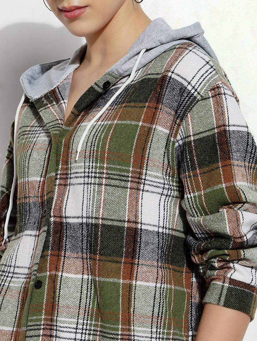 women checkered long sleeve hooded shirt - 21979932 - Standard Image - 4