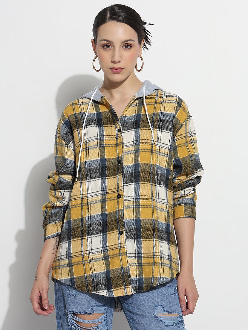 women checkered long sleeve hooded shirt - 21979933 - Standard Image - 1