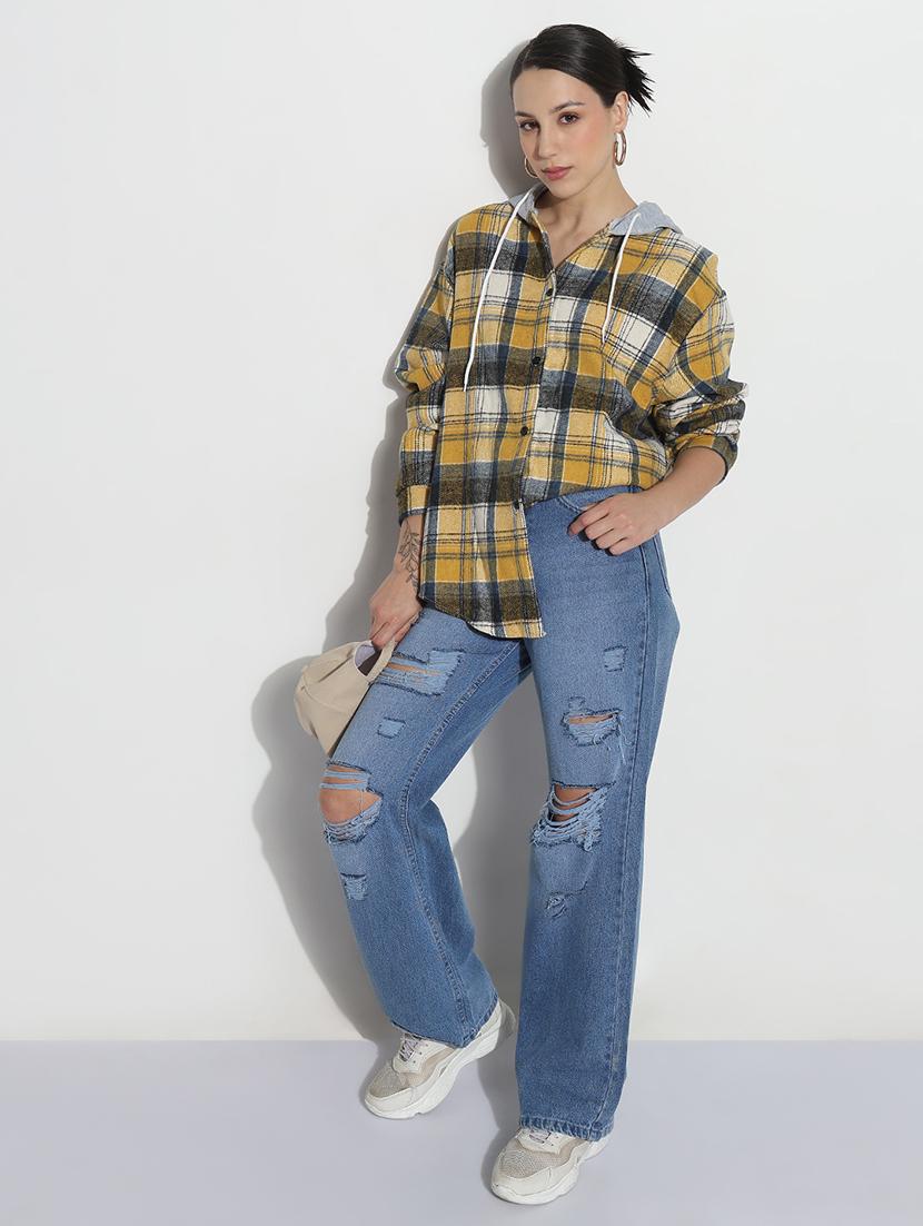 women checkered long sleeve hooded shirt - 21979933 - Standard Image - 4
