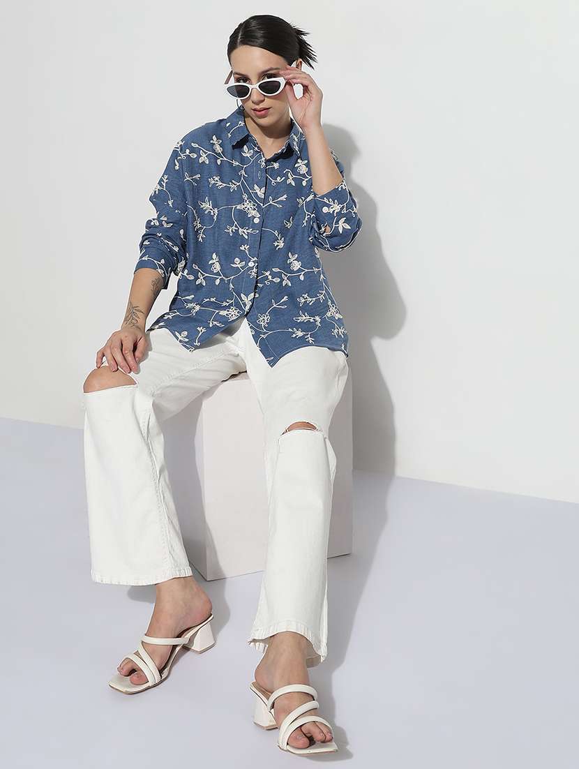 women embroidered long sleeve relaxed fit shirt