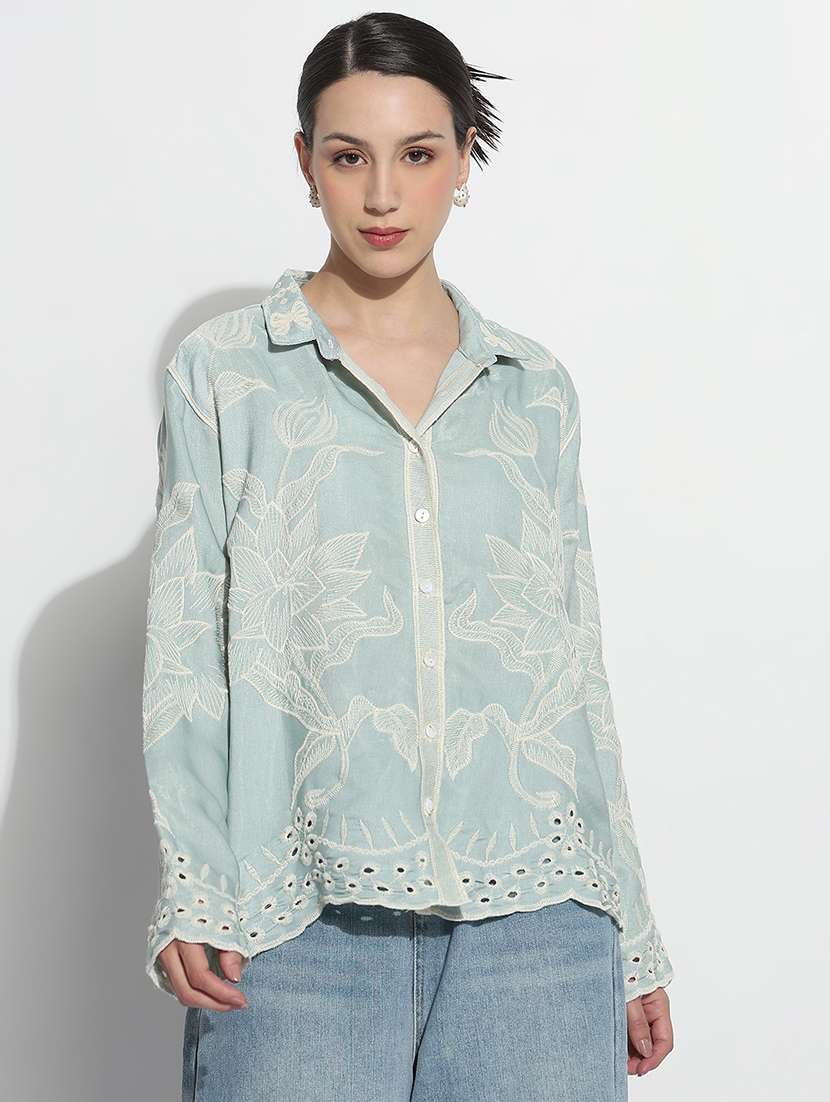 women embroidered long sleeve relaxed fit shirt