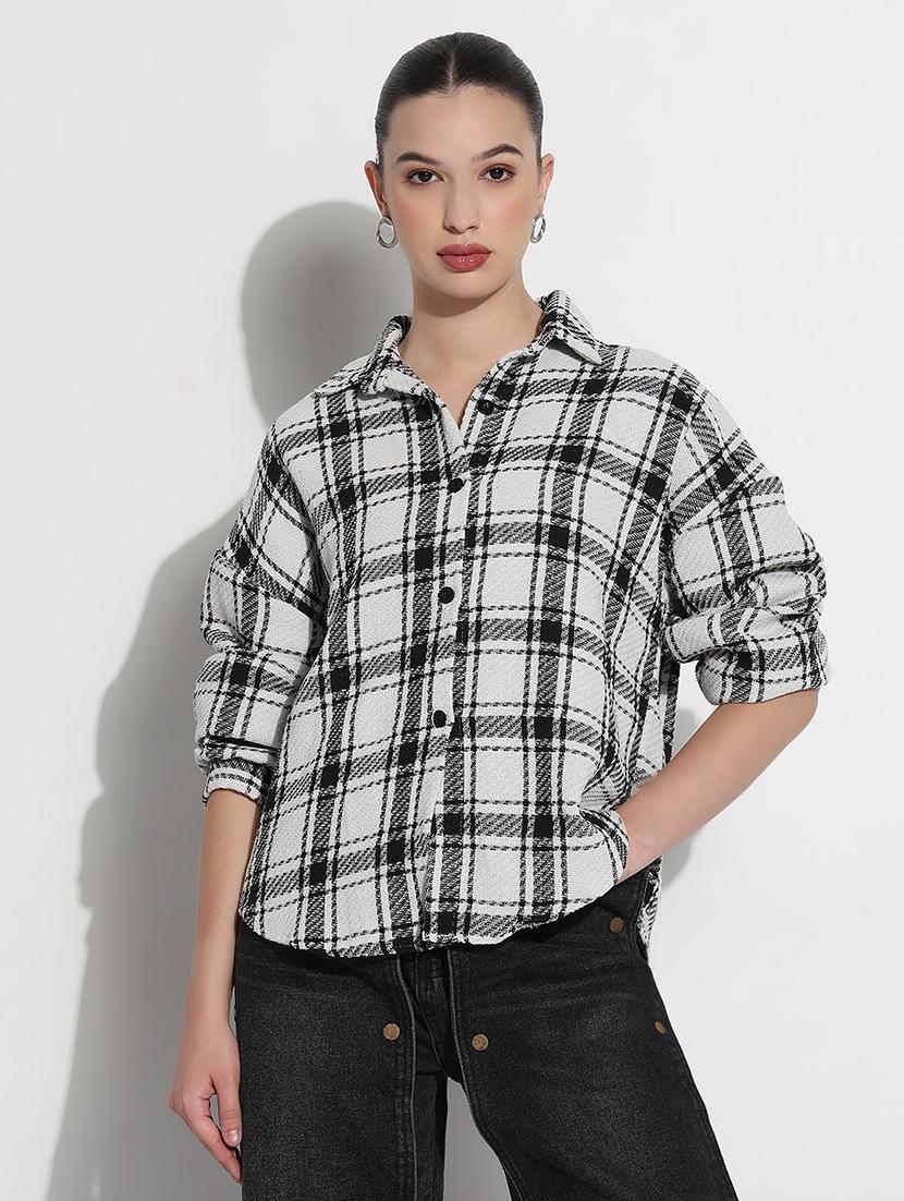 women checkered long sleeve collared oversized shirt - 21979940 - Standard Image - 1