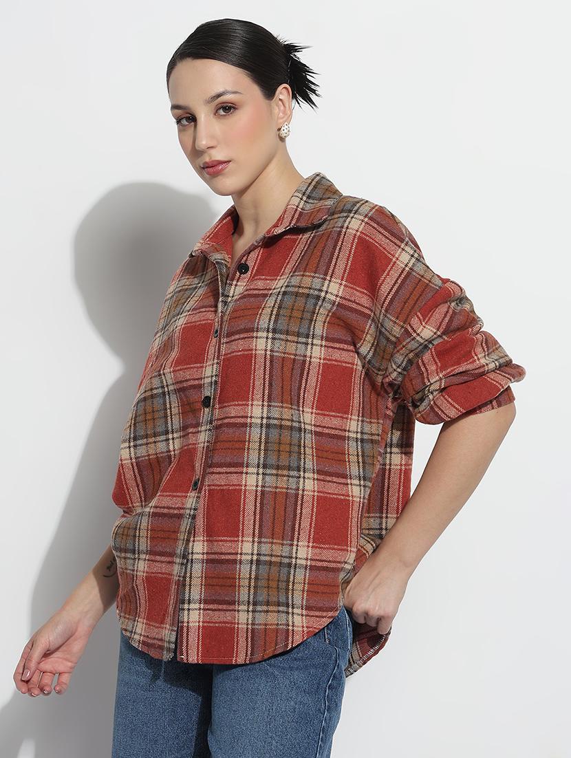 women checkered long sleeve collared oversized shirt - 21979941 - Standard Image - 1