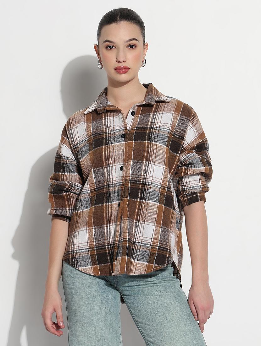 women checkered long sleeve collared oversized shirt - 21979943 - Standard Image - 1