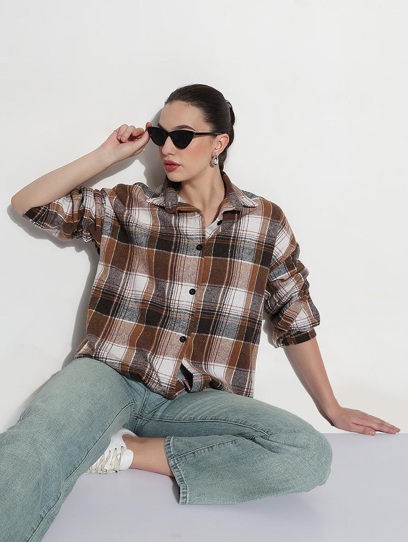 women checkered long sleeve collared oversized shirt - 21979943 - Standard Image - 4