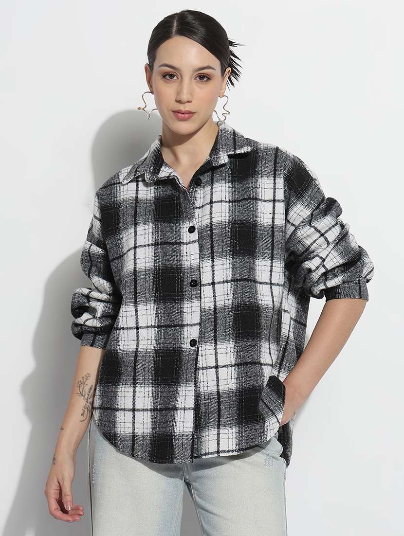women checkered long sleeve collared oversized shirt