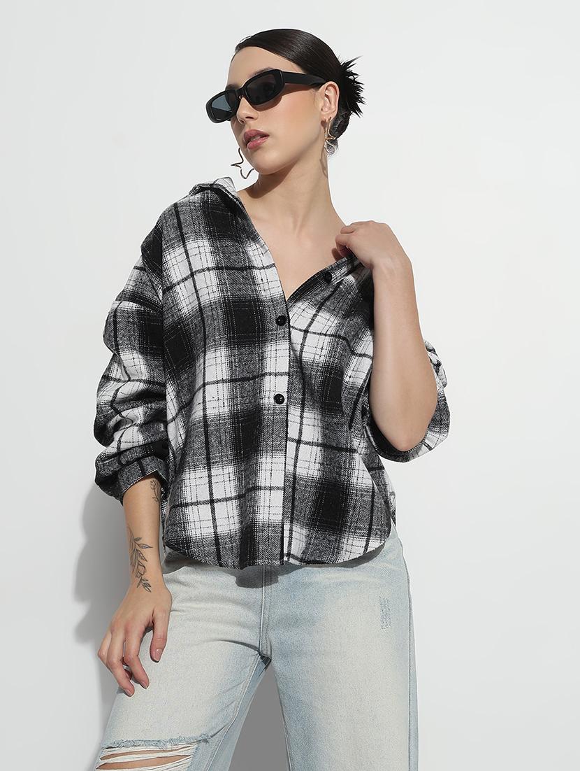 women checkered long sleeve collared oversized shirt - 21979944 - Standard Image - 1