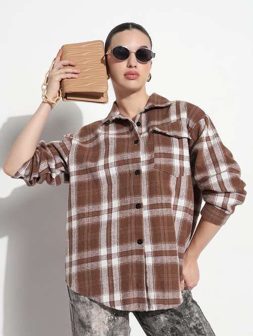 women checkered long sleeve collared oversized shirt - 21979945 -  Standard Image - 0